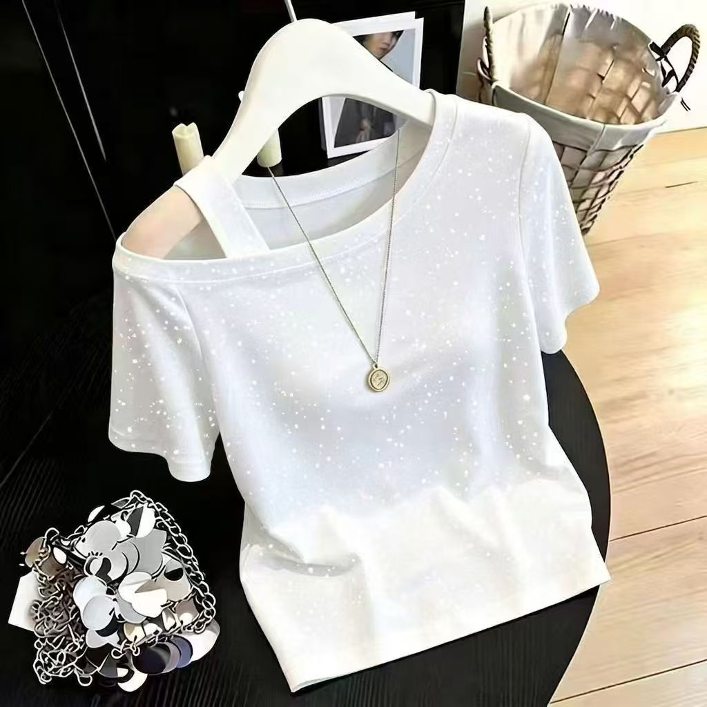 ใหม่แฟชั่นสบายๆสีบริสุทธิ์อเนกประสงค์ปิดไหล่แขนสั้นเสื้อยืดด้านบน