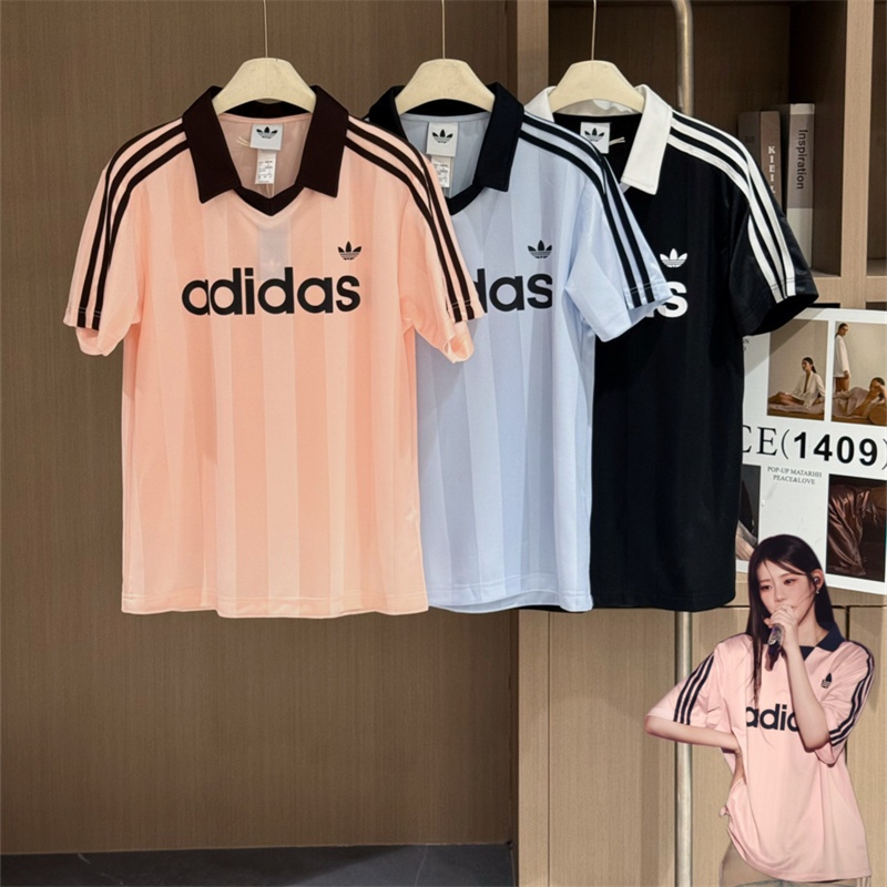 เสื้อยืดผู้ชายหลวมสบายๆลายกีฬา พับคอปกเสื้อยืดเจอร์ซีย์วินเทจ