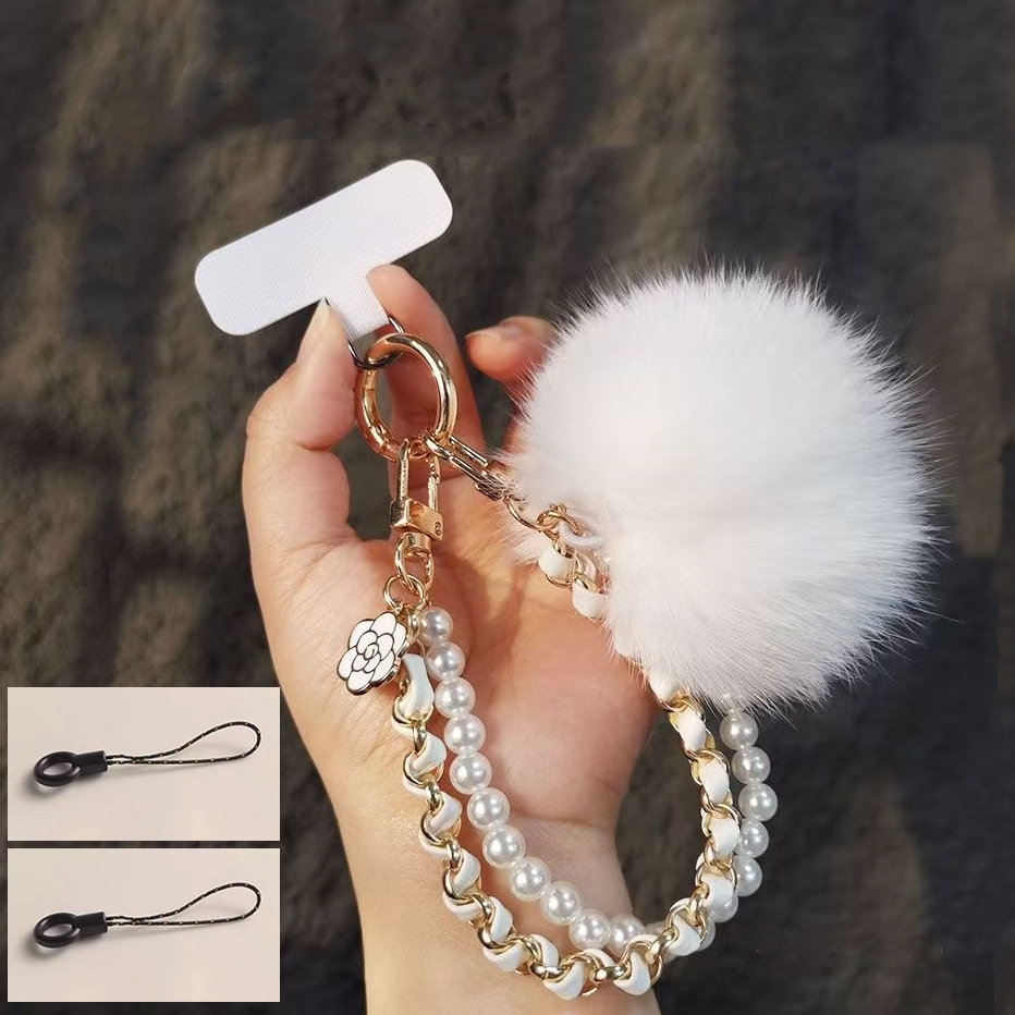 น่ารักๆจี้ห้อยโทรศัพท์ ไข่มุกหนังสีดำขาวชมพูพวงกุญแจเ phone charm สายห้อยโทรศัพท์ ที่ห้อยสายคล้องคอโทรศัพท์