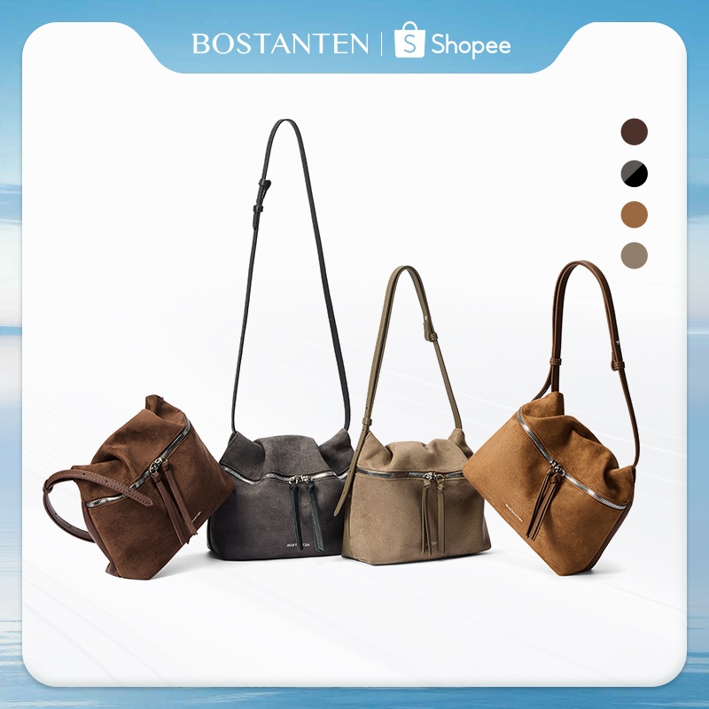 【7.4ใหม่】BOSTANTEN Lecity กระเป๋าสะพายข้างผู้หญิง Suede Hobo กระเป๋าสะพาย Soft Cloud-Like Texture ปรับ Ruched เปิด สไตล์เกาหลี สำหรับ Café Look & City Walk