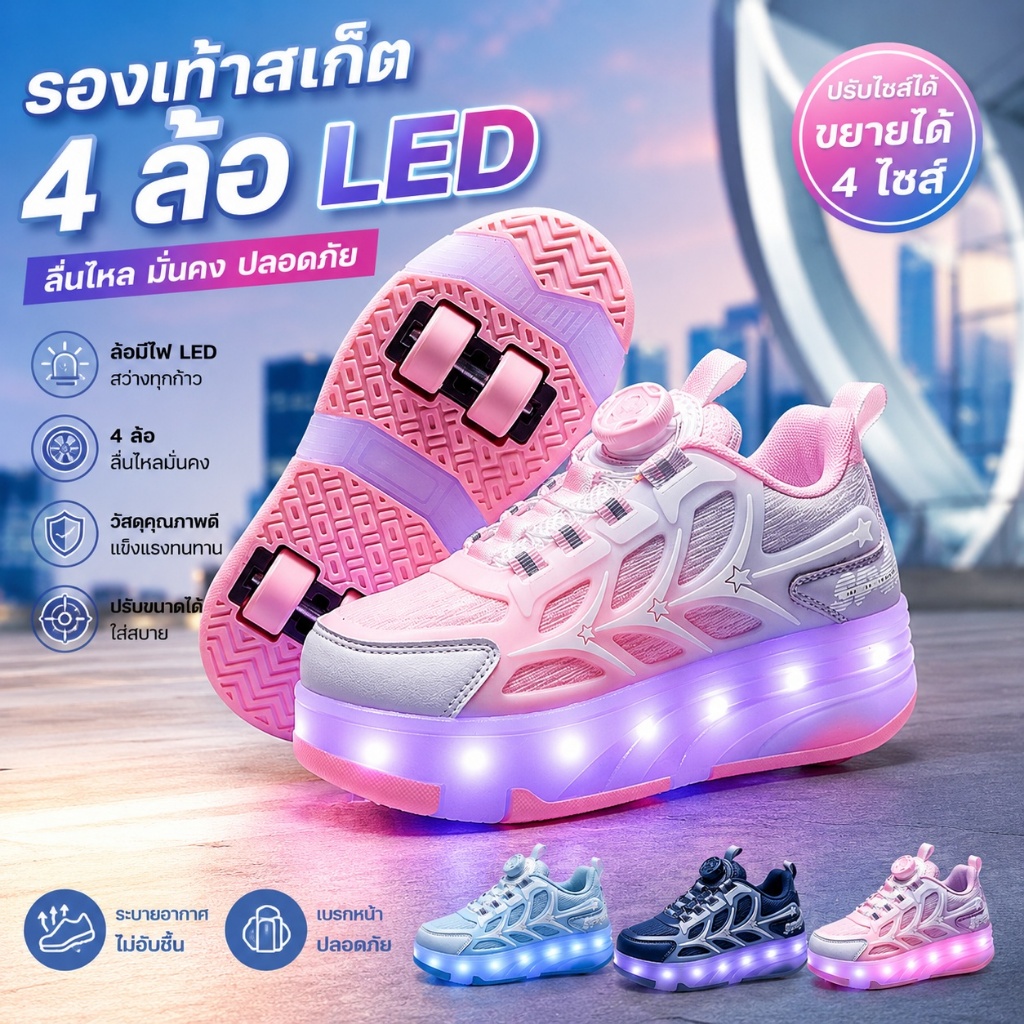 เด็ก Four-W Heel Runaway รองเท้า LED Luminous Roller Skates BOA ลูกบิด One-Click กระชับชายหญิงกีฬารองเท้าเลื่อนสามารถเดินเริ่มต้นสเก็ต