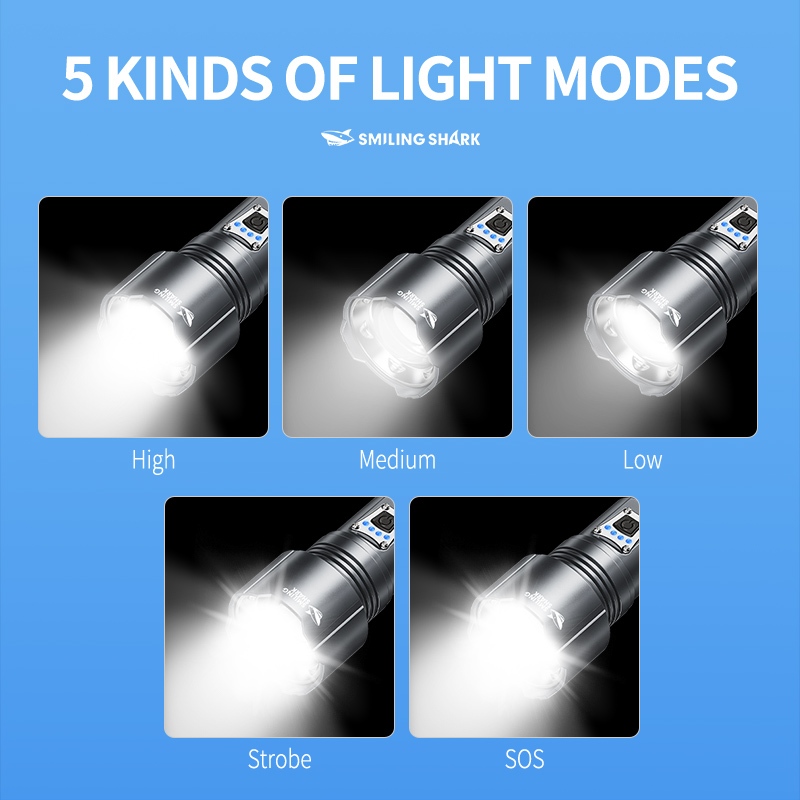 SMILING SHARK ไฟฉาย LED Super Bright M80 10000LM ซูมไฟฉาย Type-c ชาร์จ 5 โหมดกันน้ํากลางแจ้งในครัวเรือน Night Light SD5539 — صورة 4