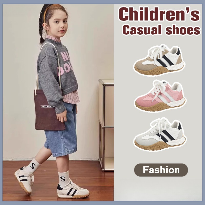 Kids Retro Stripe Casual Shoes Anti-slip Rubber Sole Comfort Fit Daily School รองเท้าผ้าใบ