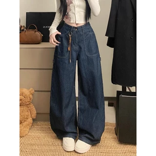 กางเกงขายาวสตรีม กางเกงยีนลายทาง เอวสูง สไตล์วินเทจอเมริกัน ผ้านุ่มสบาย denim jeans