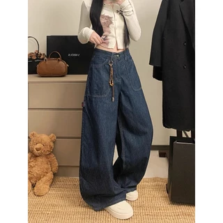 กางเกงขายาวสตรีม กางเกงยีนลายทาง เอวสูง สไตล์วินเทจอเมริกัน ผ้านุ่มสบาย denim jeans