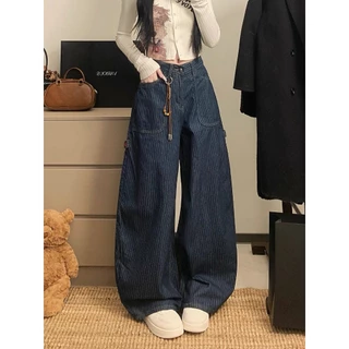 กางเกงขายาวสตรีม กางเกงยีนลายทาง เอวสูง สไตล์วินเทจอเมริกัน ผ้านุ่มสบาย denim jeans