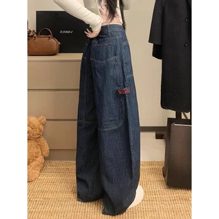 กางเกงขายาวสตรีม กางเกงยีนลายทาง เอวสูง สไตล์วินเทจอเมริกัน ผ้านุ่มสบาย denim jeans