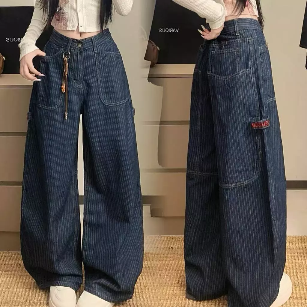 กางเกงขายาวสตรีม กางเกงยีนลายทาง เอวสูง สไตล์วินเทจอเมริกัน ผ้านุ่มสบาย denim jeans