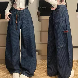 กางเกงขายาวสตรีม กางเกงยีนลายทาง เอวสูง สไตล์วินเทจอเมริกัน ผ้านุ่มสบาย denim jeans
