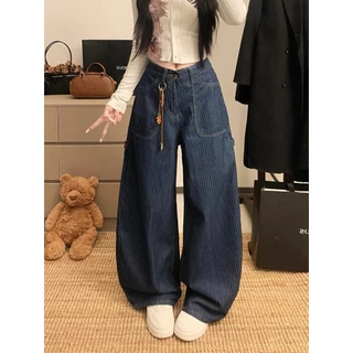 กางเกงขายาวสตรีม กางเกงยีนลายทาง เอวสูง สไตล์วินเทจอเมริกัน ผ้านุ่มสบาย denim jeans