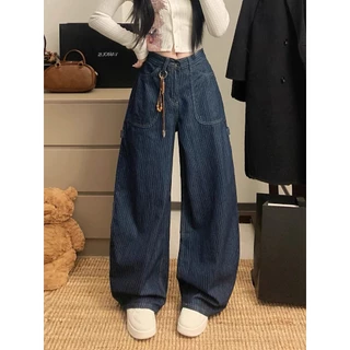 กางเกงขายาวสตรีม กางเกงยีนลายทาง เอวสูง สไตล์วินเทจอเมริกัน ผ้านุ่มสบาย denim jeans