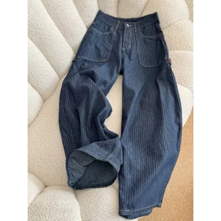 กางเกงขายาวสตรีม กางเกงยีนลายทาง เอวสูง สไตล์วินเทจอเมริกัน ผ้านุ่มสบาย denim jeans