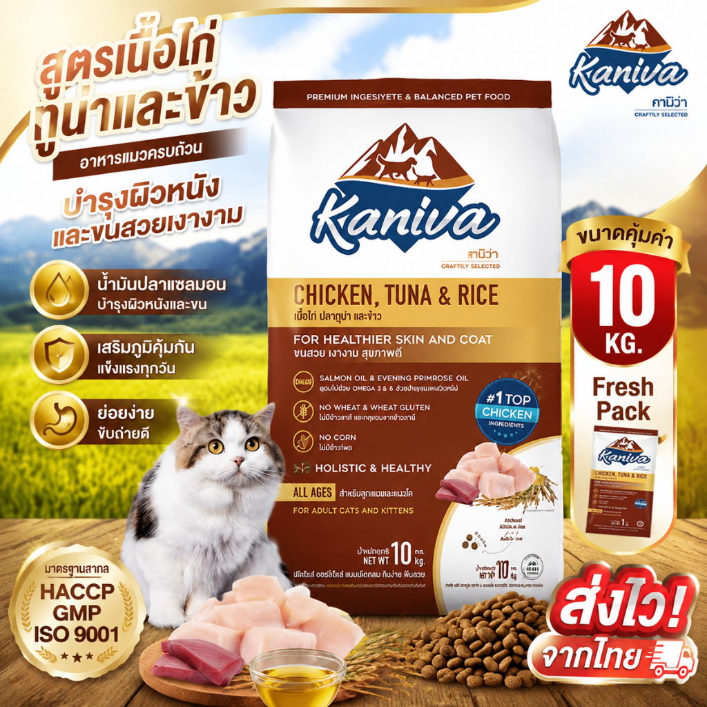【พร้อมส่ง】 Kaniva อาหารแมว 1-10 กิโล ไก่, ทูน่า และข้าว. Super Premium สูตรครบถ้วน โปรตีนสูง บำรุงขนและผิวหนัง