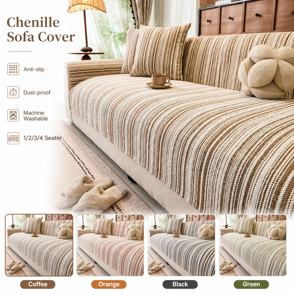 READY STOCK เบาะโซฟา Chenille ลายทางวินเทจ, ผ้าคลุมโซฟาทุกฤดูกาลกันลื่น, เบาะรองนั่งอเนกประสงค์สไตล์เช่ากลาง