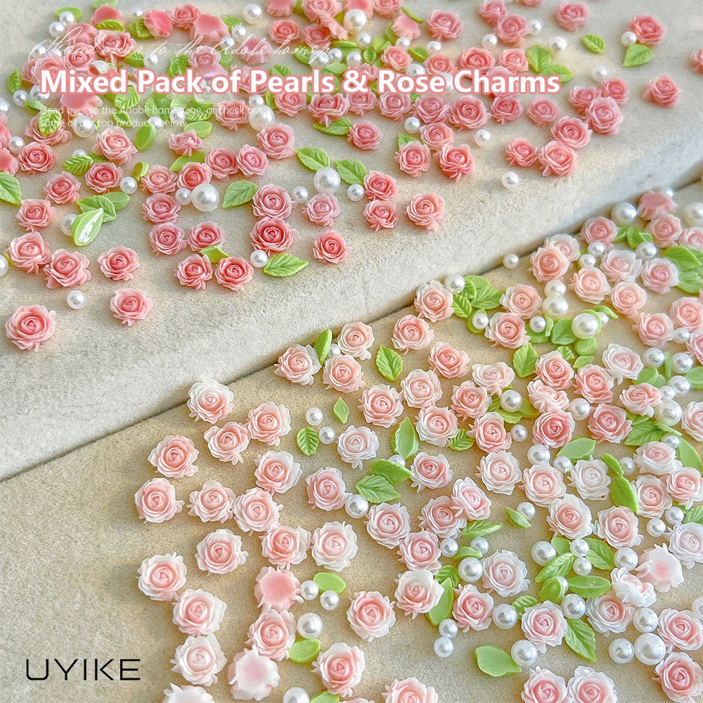 UYIKE Rose & Chinese Rose 3D เครื่องรางเล็บ, เครื่องประดับเรซินดอกไม้สเตอริโอสีชมพู, ไข่มุกขนาดผสม, ตกแต่งเล็บ