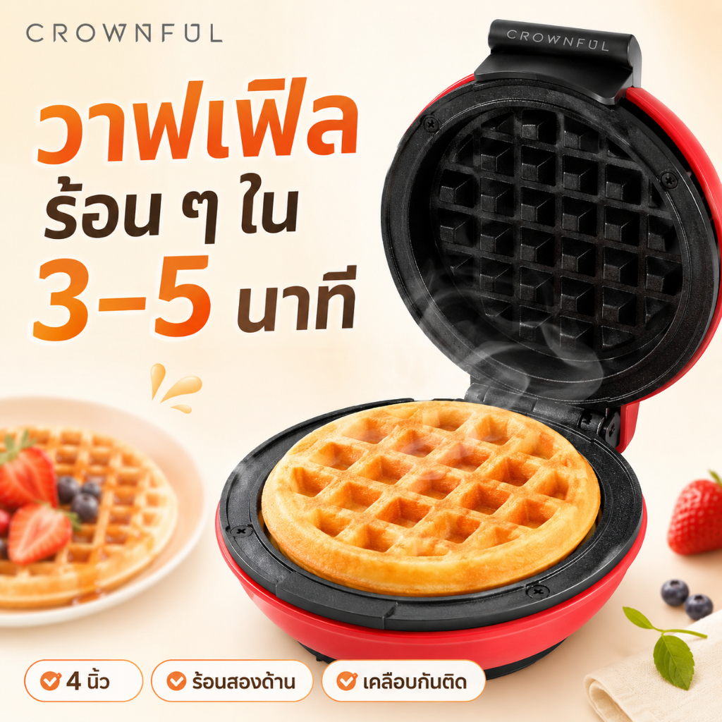 CROWNFUL เครื่องทำวาฟเฟิลมินิ 4 นิ้ว 350W เตาวาฟเฟิลไฟฟ้า เครื่องทำขนมรังผึ้ง ร้อนเร็ว 2 ด้าน เคลือบกันติด ทำความสะอาดง่าย