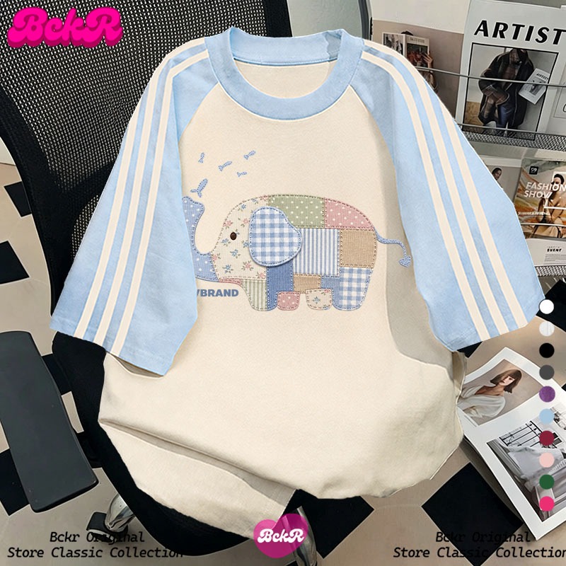 【จัดส่งตลอด 24 ชั่วโมง】 BCKR tshirt ลายช้าง ลายสามแถบ คอกลม เสื้อ oversize ชุดหน้าร้อน ผู้หญิงYG1452