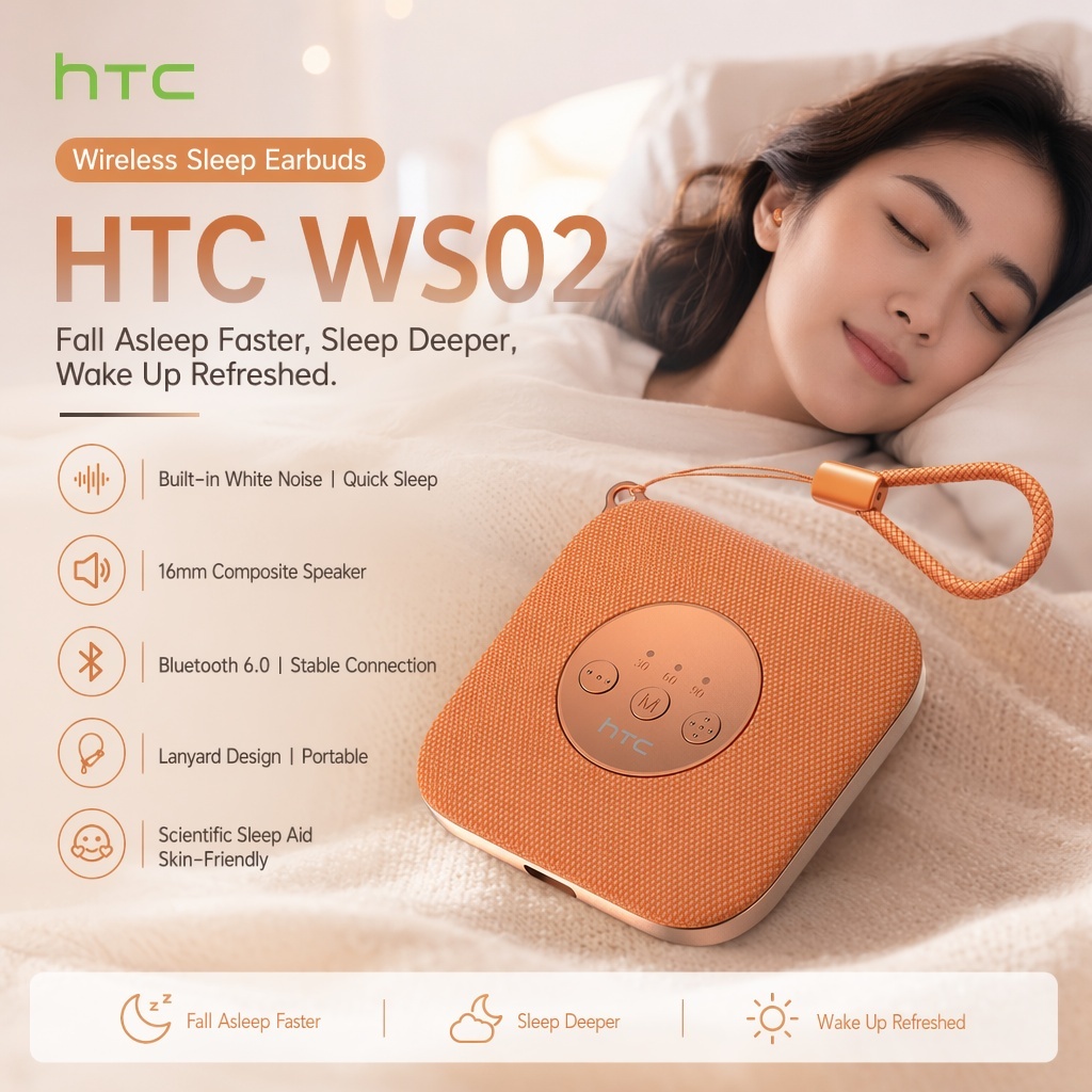 HTC WS02 Sleep Bluetooth Speaker – เสียงสีขาวในตัว, Bluetooth 6.0, ไดรเวอร์คอมโพสิต 16 มม. (เสียง Hi-Fi), แบบพกพาพร้อมเชือกเส้นเล็ก