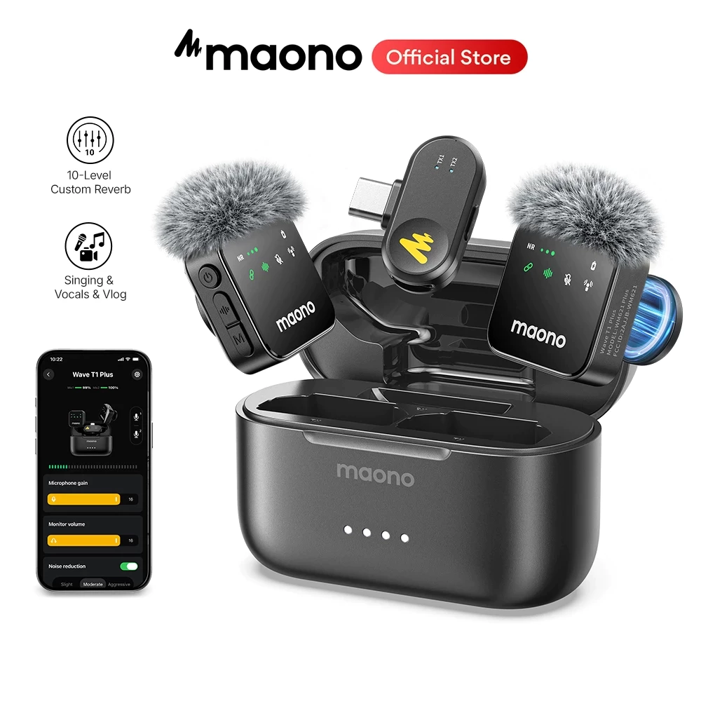 Maono T1 Plus ไมโครโฟนแบบหนีบเสื้อไมโครโฟนตัดเสียงรบกวนพร้อมแอพ Maono Link และ Reverb แบบกําหนดเองสําหรับสมาร์ทโฟน, Vlogging, สตรีมมิ่งสด