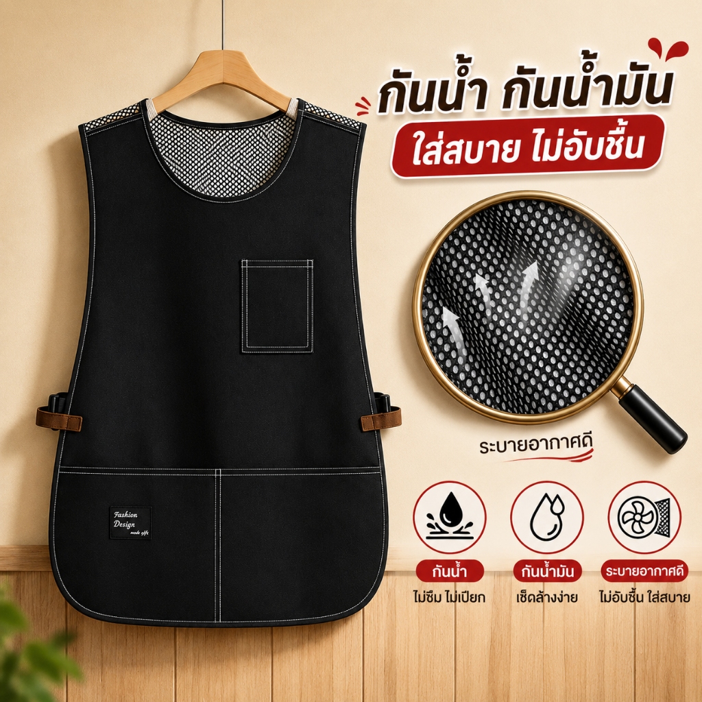 ผ้ากันเปื้อนแขนกุด ผ้ากันเปื้อนตาข่าย ระบายอากาศ ปรับสายได้ เหมาะสำหรับทำอาหาร ห้องครัว ร้านกาแฟ