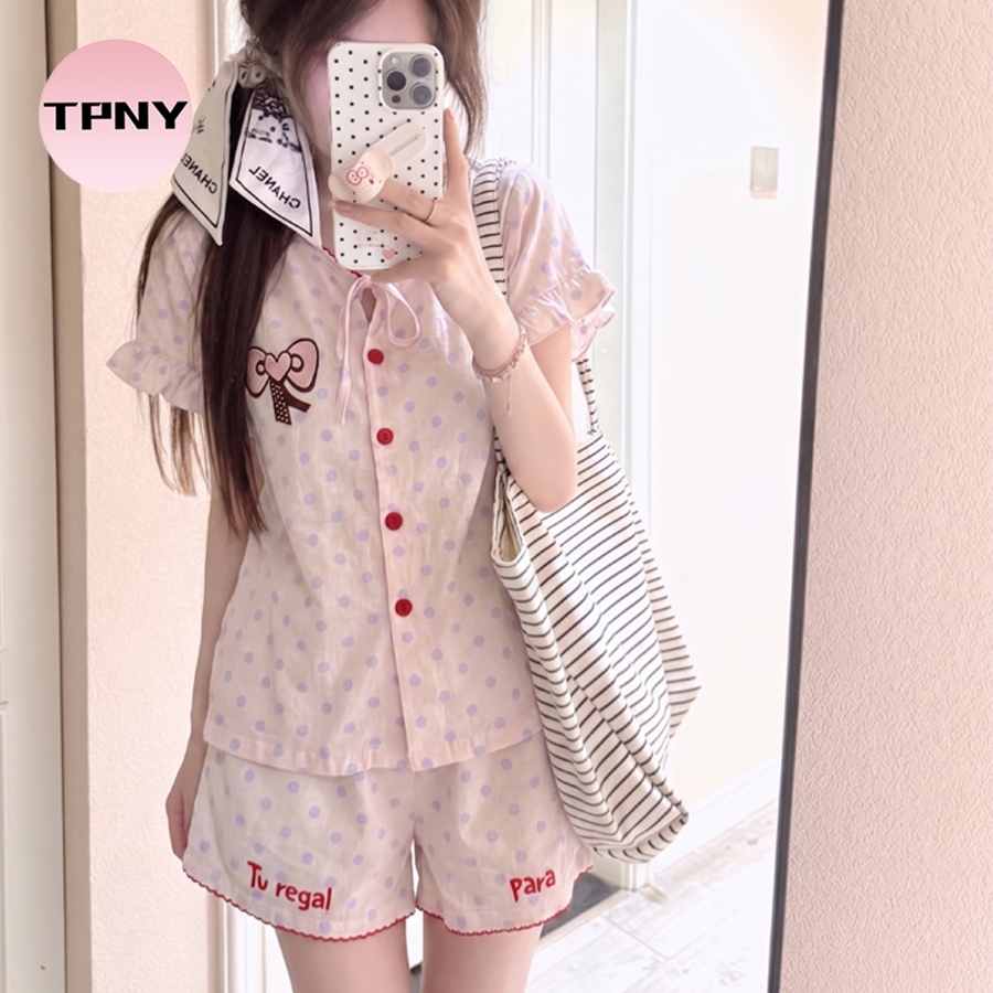 [TPNY] FASHION LOUNGEWEAR ชุดนอนแขนสั้นโบว์สีชมพูสไตล์หวานสุภาพสตรีฤดูร้อนกางเกงขาสั้นแขนสั้นสบายสไตล์ใหม่