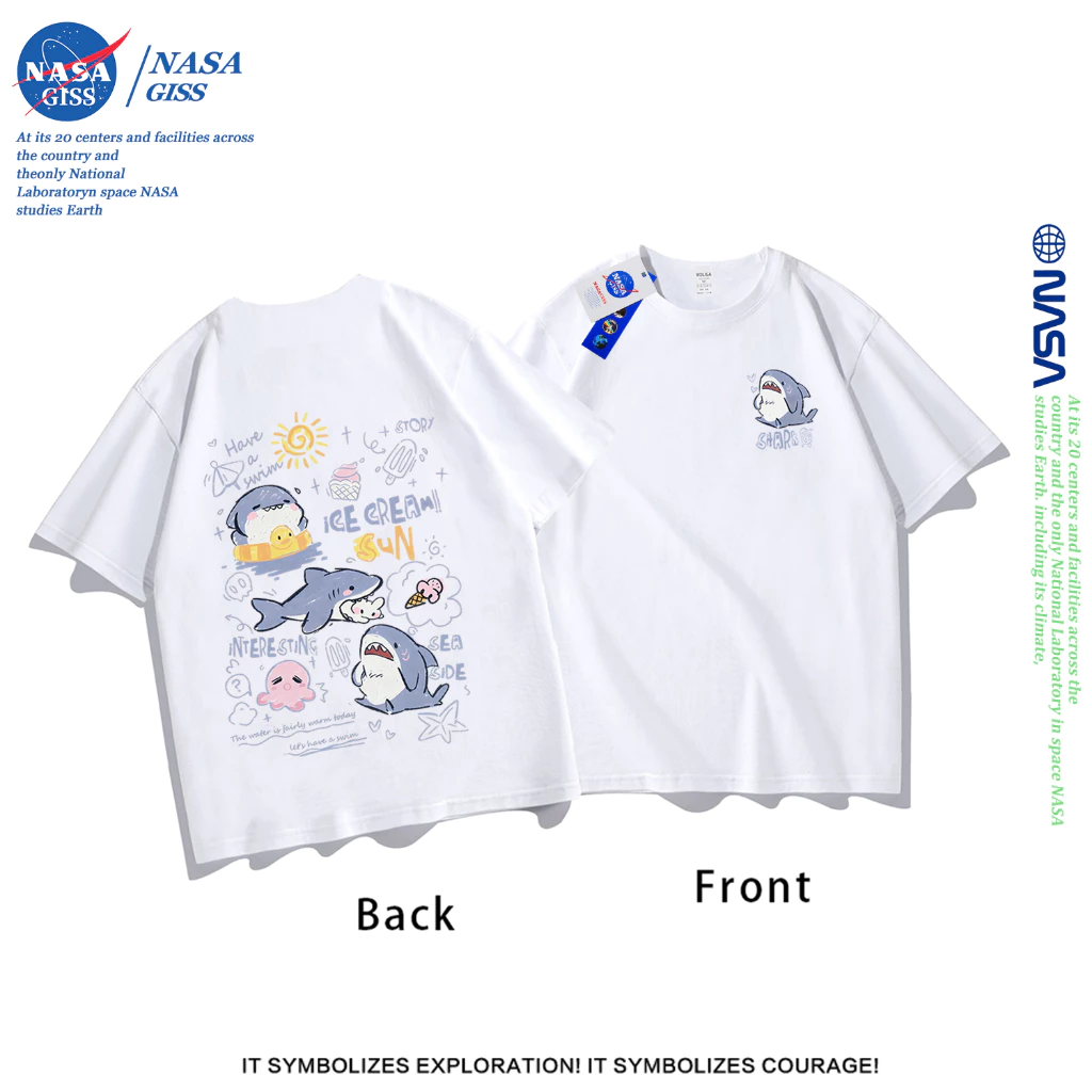 NASA เสื้อยืดชายหญิงแขนสั้น สไตล์ลำลอง summer ฉลามน้อยน่ารัก พิมพ์ลาย t-shirt แบบหลวม คอกลม ยับยากไม่ต้องรีด
