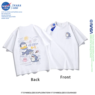 NASA เสื้อยืดชายหญิงแขนสั้น สไตล์ลำลอง summer ฉลามน้อยน่ารัก พิมพ์ลาย t-shirt แบบหลวม คอกลม ยับยากไม่ต้องรีด