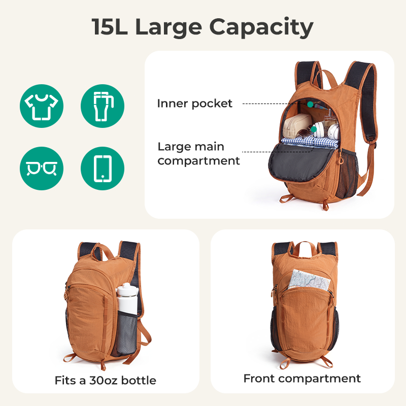 BAGSMART حقيبة ظهر قابلة للطي 15 لتر خفيفة 0.25 كغ — صورة 4