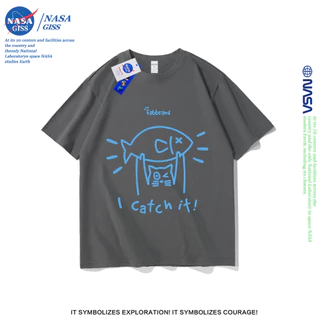 NASA เสื้อยืดชายหญิงแขนสั้น สไตล์ลำลอง summer แมวจับปลา พิมพ์ลาย t-shirt แบบหลวม คอกลม ยับยากไม่ต้องรีด