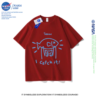 NASA เสื้อยืดชายหญิงแขนสั้น สไตล์ลำลอง summer แมวจับปลา พิมพ์ลาย t-shirt แบบหลวม คอกลม ยับยากไม่ต้องรีด
