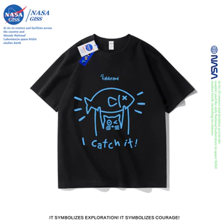 NASA เสื้อยืดชายหญิงแขนสั้น สไตล์ลำลอง summer แมวจับปลา พิมพ์ลาย t-shirt แบบหลวม คอกลม ยับยากไม่ต้องรีด
