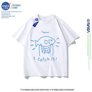 NASA เสื้อยืดชายหญิงแขนสั้น สไตล์ลำลอง summer แมวจับปลา พิมพ์ลาย t-shirt แบบหลวม คอกลม ยับยากไม่ต้องรีด