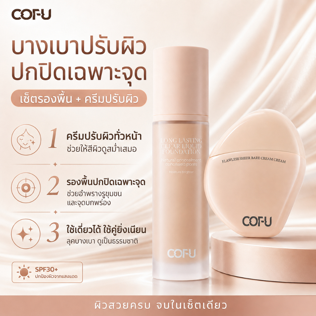 【COFU】เซ็ตครีมปรับสีผิว + รองพื้น เนื้อบางเบา ปกปิดเรียบเนียน ติดทนนาน ให้ผิวสวยธรรมชาติ งานผิวเนียนใส