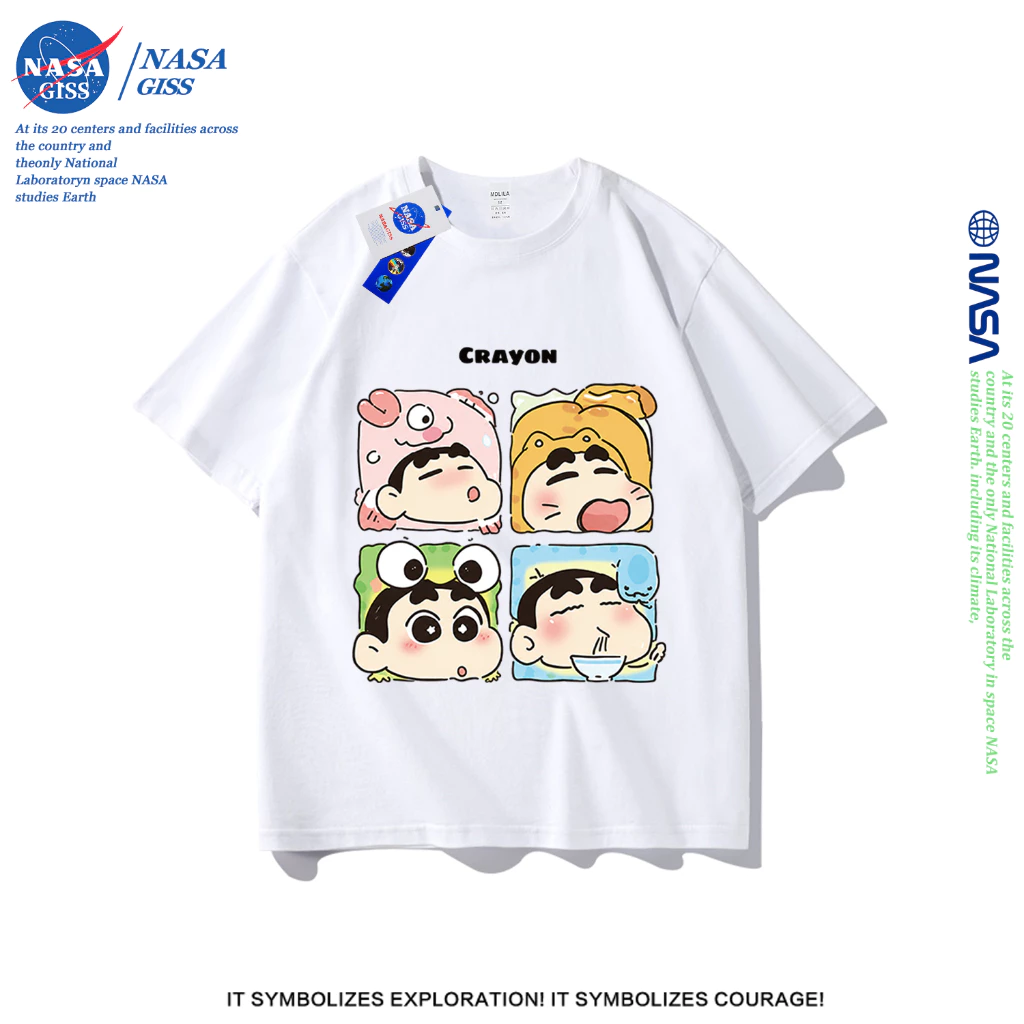 NASA เสื้อยืดชายหญิงแขนสั้น สไตล์ลำลอง summer เครยอนชินจัง พิมพ์ลาย t-shirt แบบหลวม คอกลม ยับยากไม่ต้องรีด