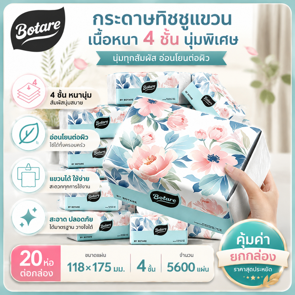 Botare ทิชชู่ 4 ชั้น 5600 แผ่น 20 ห่อ/กล่อง ขนาด 118*175 มม. นุ่มพิเศษ แน่นหนา ไม่เป็นขุย  ทิชชู่คุณภาพสูง ของแท้ ราคาส่ง