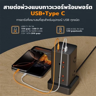 TESSAN ปลั๊กไฟ ทาวเวอร์ ปลั๊กพ่วงไทย USB+Type-C PD20W ชาร์จเร็ว พกพาสะดวก คุณภาพสูง ปลอดภัย มาตรฐาน