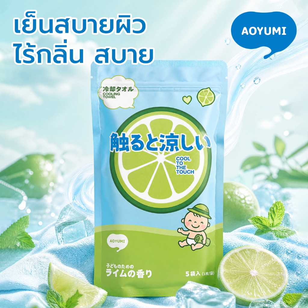 【NEW】AOYUMI Kids ผ้าเย็นเด็ก ลดร้อน เย็นนาน 2-3 ชั่วโมง เปียกน้ำแล้วเย็นซ้ำได้ อ่อนโยนต่อผิวเด็ก เหมาะสำหรับไปโรงเรียน ออกกำลังกาย และกิจกรรมกลางแจ้ พกพาง่าย สูตรไร้น้ำหอม 5 ผืนต่อแพ็ก