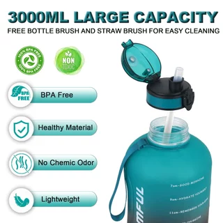 GEMFUL ขวดน้ําขนาดใหญ่ 3 ลิตรพร้อมเครื่องหมายเวลา BPA ฟรีเหยือกดื่มความจุขนาดใหญ่สําหรับกีฬา