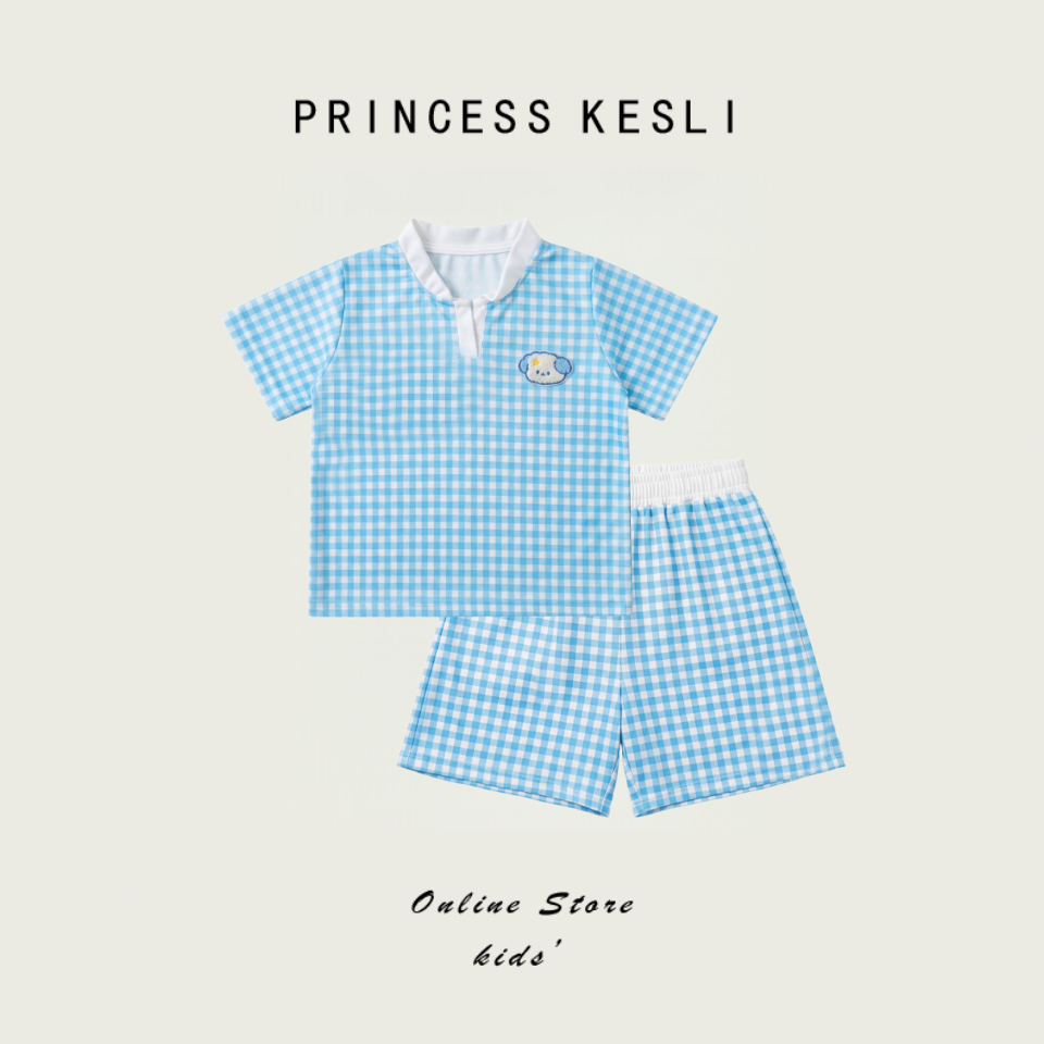 Princess Kesli เด็กผู้หญิง ลายสก็อต ชุดเซทเสื้อแขนสั้น+กางเกงขาสั้น ชุดเด็กเกาหลีผู้หญิง 1-9 ปี