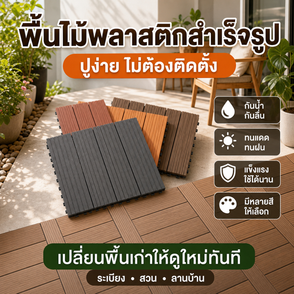 พื้นไม้เทียม wpc คลิกล็อค 4 มม. พื้นไม้กันน้ำ ปูง่าย ทนทาน ทำความสะอาดง่าย ไม่ลามไฟ จัดส่งเร็ว