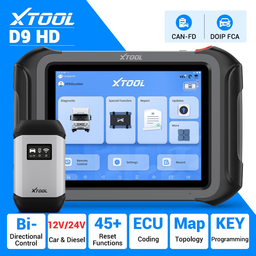 XTOOL D9 HD ดีเซลรถบรรทุกหนัก OBD2 เครื่องสแกนเนอร์ 12V 24V ระบบเต็มการเขียนโปรแกรมการเข้ารหัสวินิจฉ