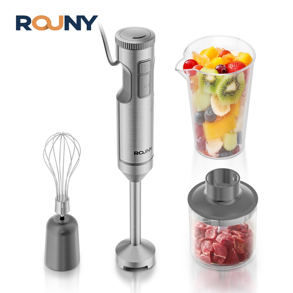 ROUNY เครื่องปั่นแช่มือทรงพลัง เครื่องผสมอาหารสแตนเลส 4-in-1 บีกเกอร์ผสม700ml โปรเซสเซอร์ 500ml Whisk MAX 1200W