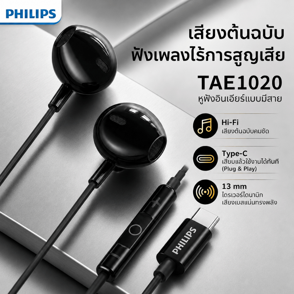 Philips TAE1020 ชุดหูฟังอินเอียร์แบบมีสายอินเทอร์เฟซ Type-c พร้อมไมโครโฟนคุณภาพเสียงสูงเหมาะสําหรับ Apple Huawei