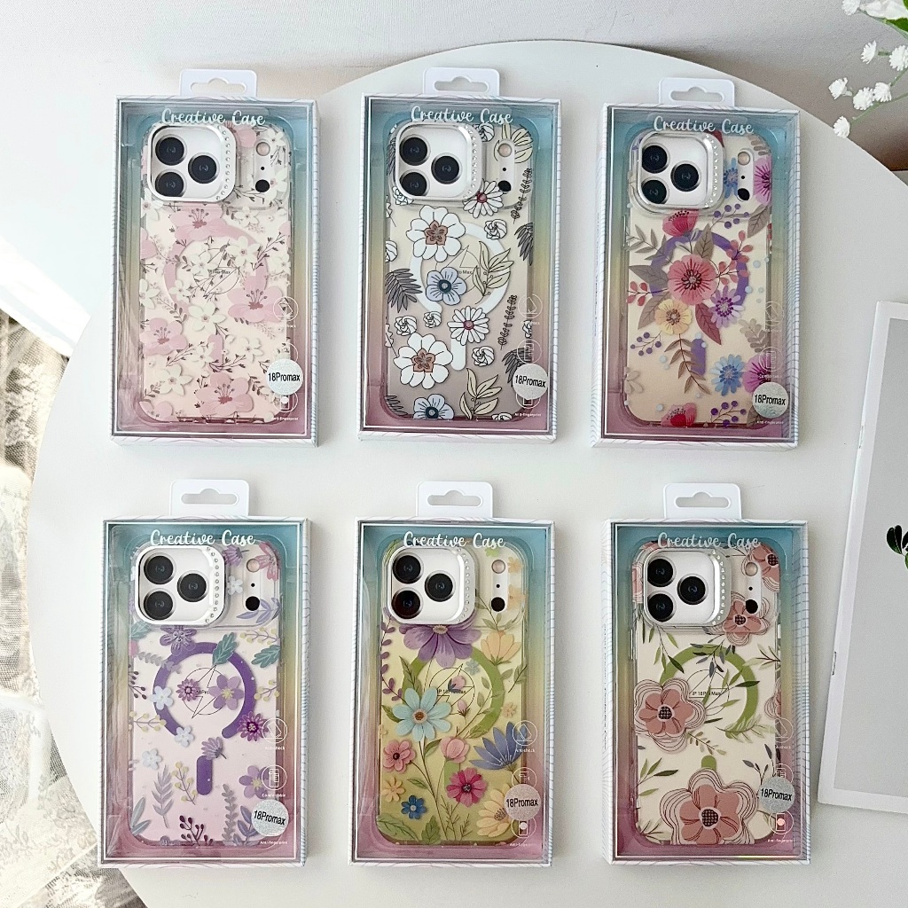 กล่องชาร์จแม่เหล็กลายดอกไม้สําหรับ iPhone 17/16/15/14/13 Rhinestone เลนส์ Kickstand ฝาครอบกันกระแทก