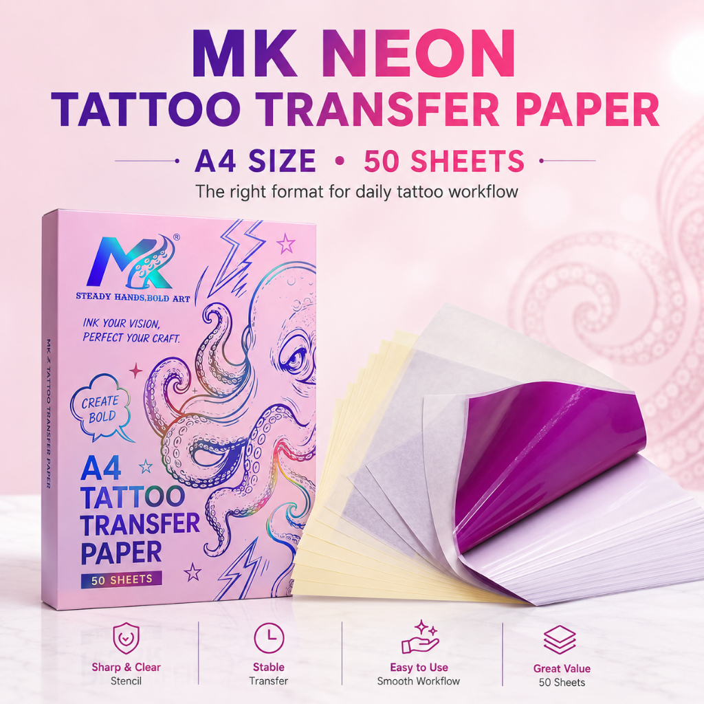 MK NEON A4 Tattoo Transfer กระดาษ 50 แผ่นกระดาษลายฉลุสีม่วงแผ่นคาร์บอนสําหรับเครื่องพิมพ์ความร้อน Tattoo Stencil เครื่อง