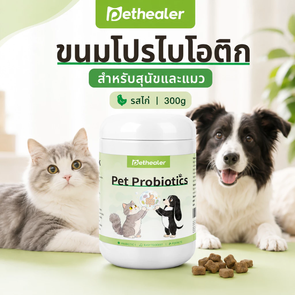 PETHEALER ขนมเม็ดสัตว์เลี้ยงรสไก่ 300g โปรไบโอติกสำหรับสุนัขและแมว กินง่าย ดูแลลำไส้ประจำวัน พร้อมส่งไทย
