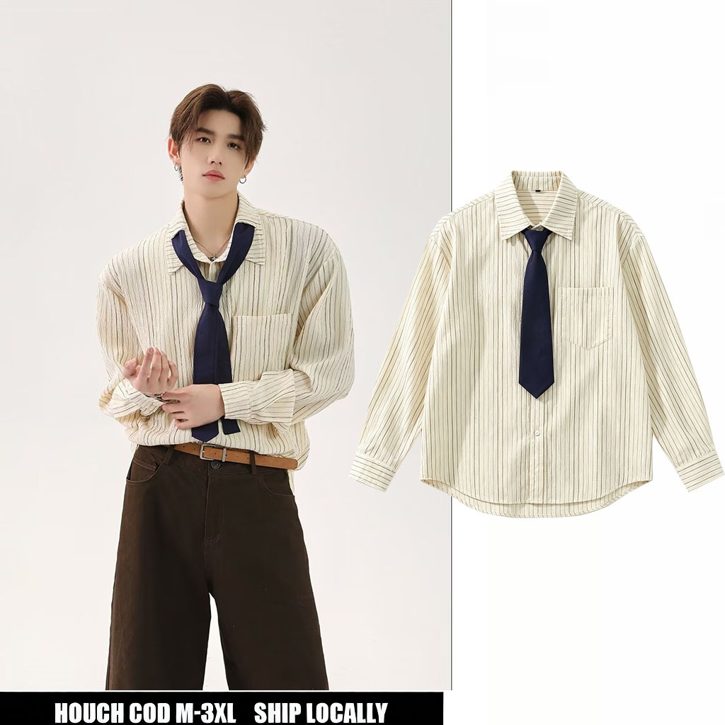 HOUCH COD เสื้อเชิ้ตแขนยาวผู้ชาย เสื้อเชิ้ตแขนยาวธรรมดาเกาหลี เสื้อเชิ้ตกระดุม ใส่สบาย ไม่ยับง่าย