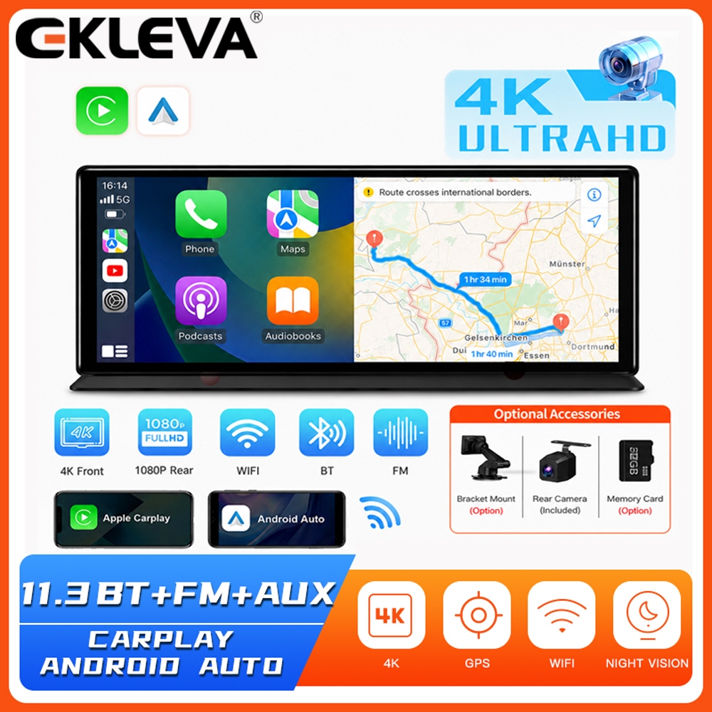 EKLEVA 11.3 "4K Dash Cam Wireless Carplay Android Auto Car DVR WiFi นําทางกล้องมองหลังแดชบอร์ดวิดีโอ