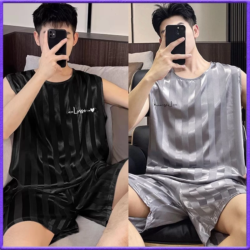 ชุดนอนผู้ชาย เสื้อกล้าม กางเกงขาสั้น ผ้าซาตินสุดหรู ผ้าเย็น ผ้านิ่มไม่เเข็ง