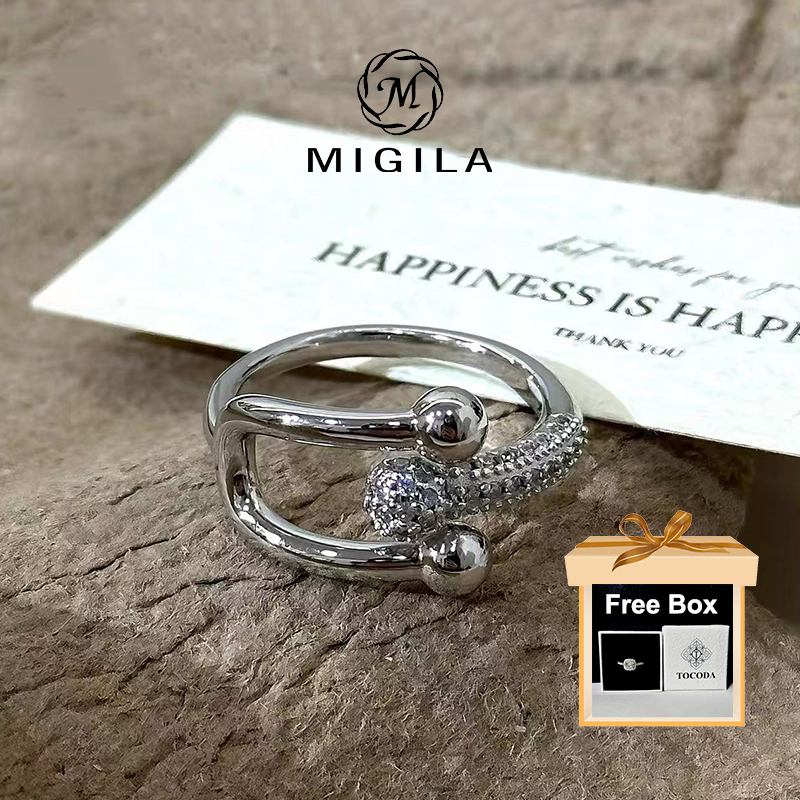 MIGILA Minimalist Horseshoe Buckle Zircon เปิดแหวน | Dainty Silver Stackable Jewelry กันน้ําและไม่ซีดจางง่าย